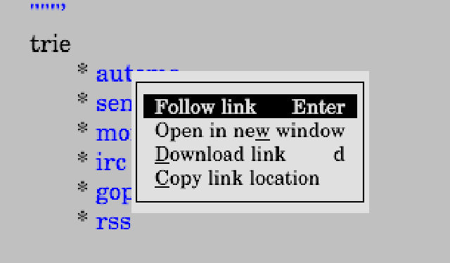 links2 pop up menu on URL